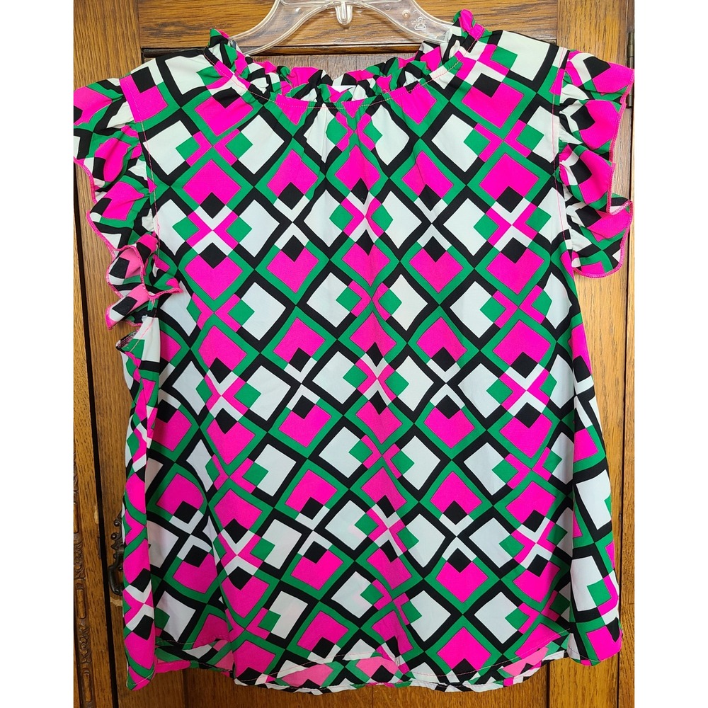 Ces Femme Pink Green Geometric Ruffle Neck Flutter Sleeve Blouse Large